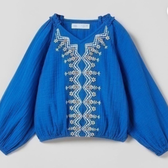 Zara Other - Zara Kids Embroidered Long Sleeve Boho Blue Blouse with Balloon Sleeves Size 10